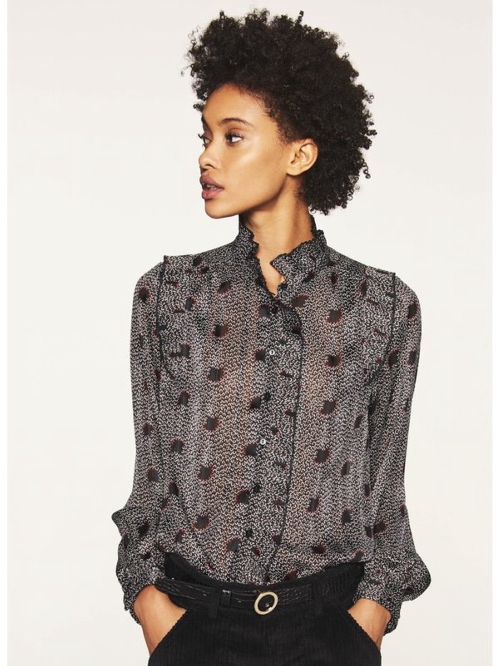 Black red and silver printed frilly Ba&sh see through blouse.